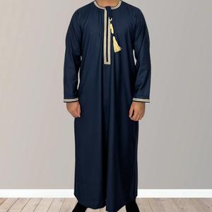 Middle East New Design Thobe Long Sleeves O Neck Long Sleeves Stand Collar Muslim Robe Men <b>Arab</b> Chest Tussle Design Men Thobe - Product Image 4