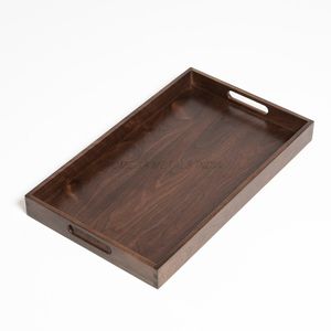 Juego de bandejas de madera de buena calidad en color marrón oscuro con forma rectangular clásica y asas elegantes ideales para la decoración del hogar - Product Image 2