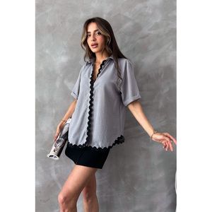 Topshow Women's Gray Striped <b>Linen</b> Blend Shirt with Rhinestone Embellishment, Casual Loose Fit Blouse for Everyday Wear - Product Image 1