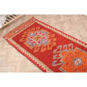 Herki Rug, 3.1x11.1 ft Vintage Rug, <b>Red</b> Bordered Rug <b>Wool</b> - Product Image 4