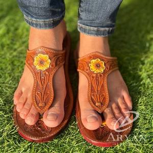 Sandalias de Punta abierta para mujer, chanclas informales de cuero de vaca, estilo occidental, auténticas, hechas a mano - Product Image 1