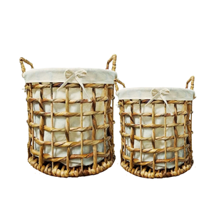 Handmade Round WATER HYACINTH STORAGE <b>BASKET</b> with Washable Cotton Liner with Handles Handmade Eco <b>Hamper</b> - Product Image 1