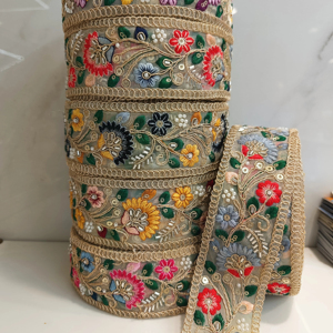 Tela de encaje bordado floral colorido vibrante y detallado Patrones intrincados ecológicos para zapatos de alta gama y uso de moda - Product Image 1