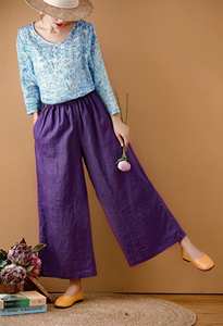 Pantalon en lin naturel pour femme bouton taille élastique jambe large coupe ample motif de couture écologique disponible grande taille lin lavé - Product Image 4