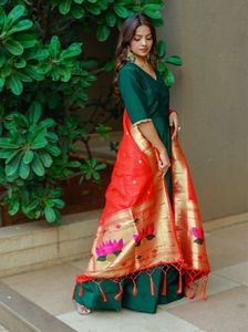 Robe longue avec tissu en soie dupata, fil d'or Original, tissage, glands de travail, filet, paillettes, broderie, vêtements fantaisie, robe tendance - Product Image 6