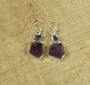Pendientes de gancho de amatista en bruto Plata de ley Joyas de dos piedras Piedras preciosas naturales perfectas para regalo - Product Image 2