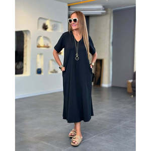 Robe longue en viscose à manches courtes et col en V pour femme avec détail poche, 24160 - Noir - Product Image 1