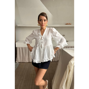 Chemise en lin pour femme avec nœud devant et détail volanté, chemise blanche - Product Image 5