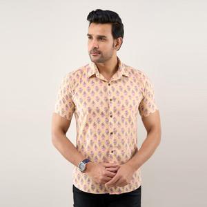 Men's Brownish Peach Floral Casual Shirt 100% Cotton Poplin Regular Fit Button-<b>Up</b> Collar Breathable Size 6XL for Summer Fashion - Product Image 2