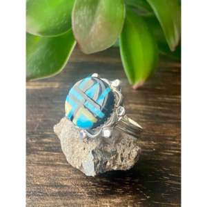 Zuni Handcrafted Turquoise & Agate Sterling Silver Inlay <b>Ring</b> Size 6.5 <b>for</b> <b>Men</b> - Product Image 4