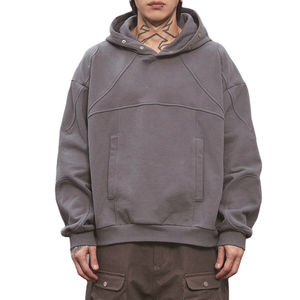 Sudadera con Capucha para Hombre de Alta Calidad, Estilo Patchwork de Algodón, Holgada, con Botones, Bolsillo Tipo Canguro y Hombros Caídos - Product Image 1