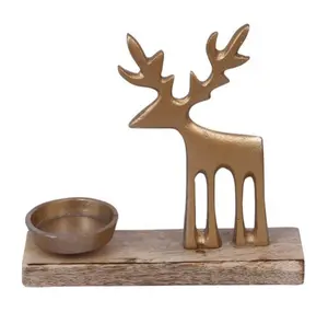 Hot Selling Aluminum Deer And T-Light With Gold Finishing On Wooden Base Christmas Decorative Gifts Product At Factory Price