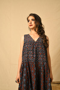 Bohème Ajrakh Imprimé 100% Coton Maxi Robe Artisanale Ethnique Long Volant Motif Géométrique pour Rust Fusion Indigo Casual - Product Image 3