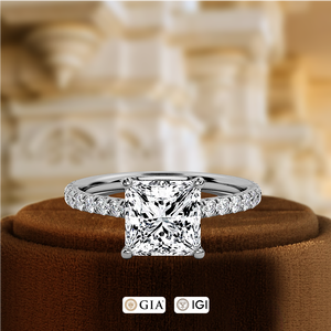 Bague de mariage en or jaune 14 carats, taille princesse 1 carat, pour cadeau d'anniversaire, diamant de laboratoire certifié IGI, halo caché, demi-pavé - Product Image 2