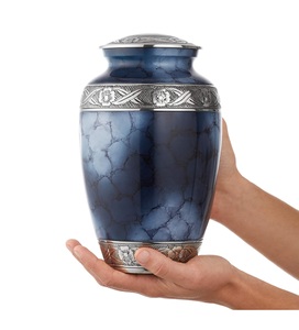 Urne funéraire commémorative pour cendres humaines, urne funéraire argentée et bleue pour adultes avec sac en velours - Product Image 1