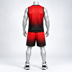 Conjunto de Camisetas y Pantalones Cortos de Baloncesto Sublimados Personalizados en Rojo y Negro Sólido para Hombre, Secado Rápido, Transpirables, 100% Poliéster, Cintura Elástica, para Equipo - Product Image 3