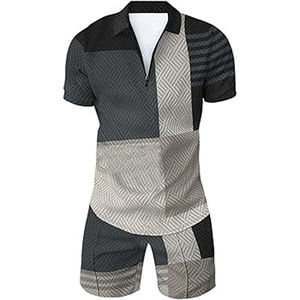 Conjunto de camisa y pantalones cortos de manga corta con cuello en contraste de moda de diseñador para hombre para verano Street Look - Product Image 3