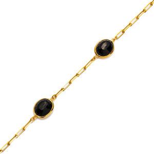 Cuarzo negro Triple piedra ovalada 22K oro bisel encanto pulsera 925 joyería de plata esterlina venta al por mayor joyería fina hecha a mano - Product Image 3