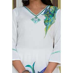 White & Seafoam Women's Set Hand Painted <b>Mirror</b> Work Muslin Kurta with Trousers & Organza Dupatta - Product Image 6