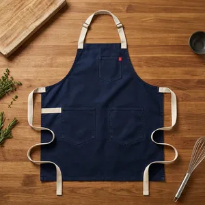 Delantal Clásico de Lona Azul Marino con Tres Bolsillos, Reutilizable, Resistente al Agua, Lavable a Máquina, Delantal de Cocina - Product Image 1