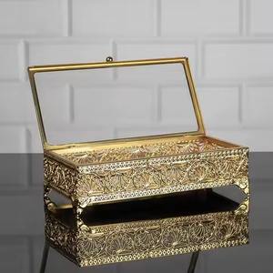 Boîte de rangement à bijoux en verre avec cadre en laiton doré de luxe moderne, double couvercle, fleurs pressées, boîte décorative - Product Image 3