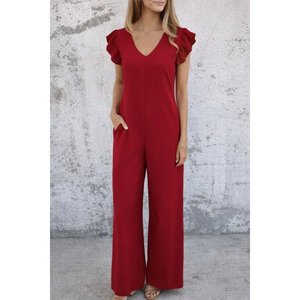 Mono aeróbico largo de manga corta con cuello en V y espalda profunda con cordones para mujer, 35679 - Rojo - Product Image 2