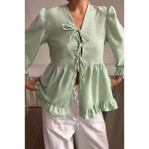 Chemise en lin pour femme avec nœud devant et détail volanté, couleur verte - Product Image 4