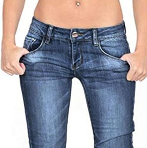 Pantalones vaqueros rasgados elásticos de cintura media de Color sólido a la moda para mujer de talla grande, Vaqueros ajustados informales de verano con decoración de botones - Product Image 5