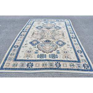 Alfombra de lana azul Beige Kazak de 6,6X9,4 pies, tejido plano turco, sala de estar alfombra para, patrón de retazos para adolescentes, pasillo rectangular - Product Image 1