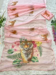 Exclusivo Sari de Organza de Seda con Diseño de Diseñador y Blusa Elegante, Estilo Étnico Moderno, Última Tendencia India, Ropa de Fiesta Modesta para Mujer - Product Image 4