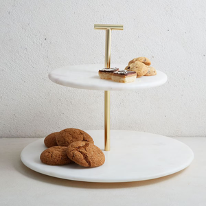 Supporto per <span class=keywords><strong>pasticceria</strong></span> a due livelli con cornice in marmo e oro con finiture in metallo dorato - Product Image 4