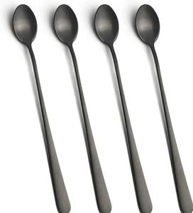 Luxury Black <b>Long</b> Handle 304 Stainless Steel Stirring Spoon Ice Cream Dessert <b>Teaspoon</b> For Cake Restaurant Hotel Party - Product Image 1