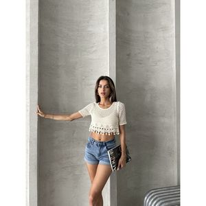 Blusa de encaje con borlas y dobladillo sin rematar 100% algodón color crudo natural para mujer Topshow, ajuste estándar al por mayor - Product Image 2