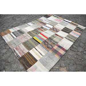Tapis turc vintage 5,5x7,3 pieds, grand tapis, tapis camouflage beige patchwork - Product Image 2