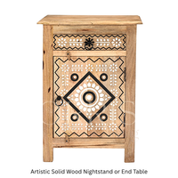Mesa Auxiliar de Madera Tallada Estilo Bohemio, Mesita de Noche Rústica de Madera Maciza con Patrones Étnicos, Diseño Moderno, 2 Cajones para Apartamento o Dormitorio