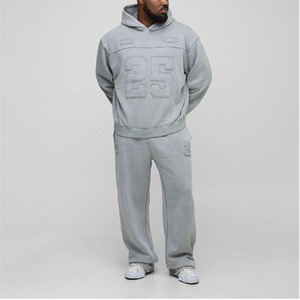 Survêtement gris OEM pour hommes de haute qualité 100% coton à capuche épais ensemble de jogging pantalon de survêtement baggy empilé et ensemble à capuche pour hommes - Product Image 4