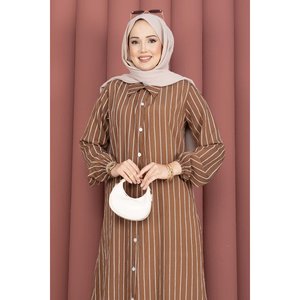 Camicia a Tunica a Righe Marroni con Bottoni Decorativi - Product Image 2