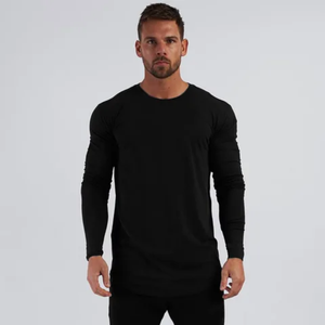 T-shirt de sport décontracté pour homme, manches longues, 100% coton, séchage rapide, coupe ajustée, couleur unie, avec poche, tricoté - Product Image 2