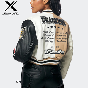 Women's Regular Solid Reversible Spring Varsity Jacket Black Leather Sleeves Fashionable Windproof Applique Patches Embroidered - Product Image 6