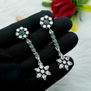 925 Sterling Silver Vintage Style <b>Earring</b> <b>Stud</b> Natural Green <b>Emerald</b> & Zircon Elegant Wedding Gift for Her - Product Image 3