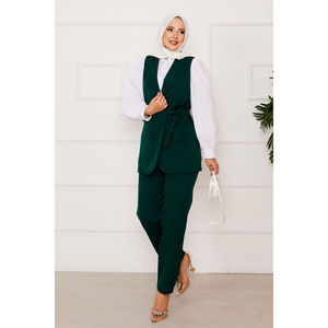 Conjunto de chaleco esmeralda con lazo lateral, blazer largo XL de fitness, cuello con lazo, tejido de lana y poliéster, botones decorativos, color esmeralda, para fitness. - Product Image 4