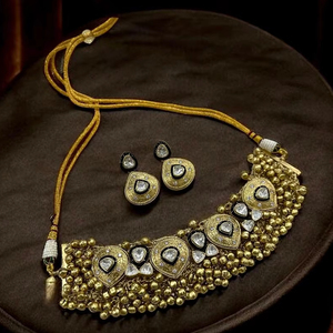 Handcrafted Antique Gold Bead Choker <b>Necklace</b> Set with Kundan Polki Water <b>drop</b> Earrings - Product Image 1