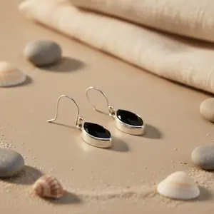 Boucles d'oreilles pendantes en argent 925 pour femmes, pierre précieuse noire, bijoux de mode - Product Image 2