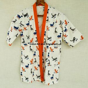 เสื้อคลุมอาบน้ำเด็กพิมพ์ลายบล็อกผ้าฝ้ายน่ารัก ขายส่ง ผ้าฝ้ายพิมพ์ลายบล็อกด้วยมือ ผ้าฝ้ายลายวาฟเฟิล คิโมโน - Product Image 4