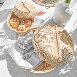 Plateaux de service ronds en rotin osier fait à la main avec couvercle panier à pain de fruits en rotin naturel plateau décoratif fait à la main - Product Image 4