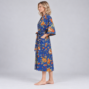 Women's Green Floral <b>Print</b> Full Length Robe Three Quarter Sleeve Casual Wear Drawstring Closure Cotton Block <b>Printed</b> - Product Image 6