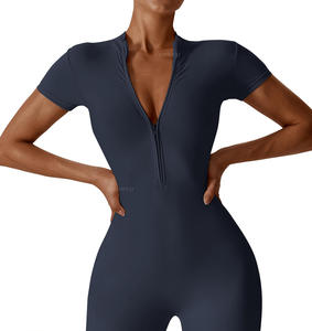 Combinaisons décontractées pour femmes barboteuses de yoga d'hiver avec contrôle du ventre une pièce avant fermeture éclair body manches courtes vêtements de sport - Product Image 2