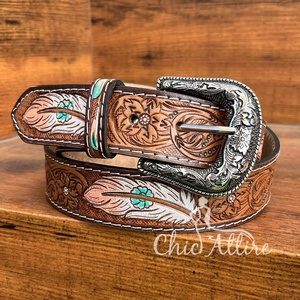 Cinturón de cuero artesanal de primera calidad para hombres y mujeres con hebilla de imagen Vintage Cinturón de piel de vaca genuino de lujo personalizado hecho a mano - Product Image 1