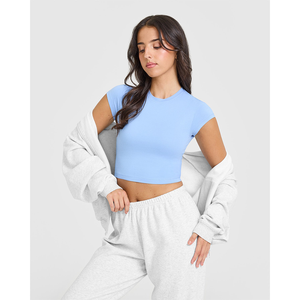 Camiseta de algodón 100% azul en polvo de primera calidad para mujer, camiseta informal ligera, transpirable y elegante de diseñador, camiseta de entrenamiento de gimnasio de ajuste relajado - Product Image 4