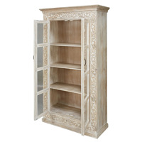 Bibliothèque de salle à manger en bois de manguier massif traditionnel style chêne indien, vente directe usine, rustique, pour salon, bureau à domicile, avec verre sculpté